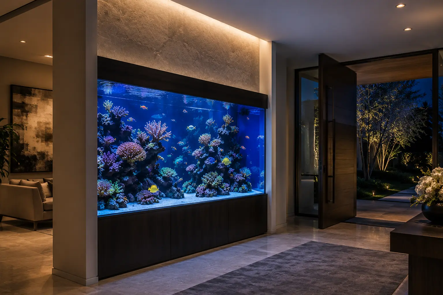 A striking entryway aquarium creates an unforgettable first impression, drawing guests into a vibrant world of color, motion, and life.