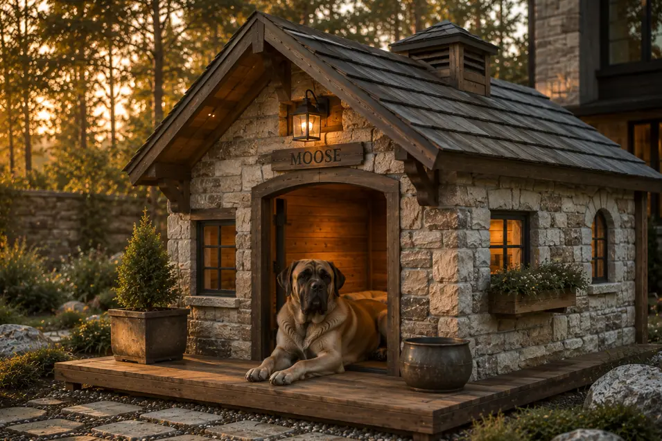 Rustic stone cabin dog house with timber beams, cedar shake roof, warm lantern lighting, and a cozy porch, featuring a majestic English Mastiff.