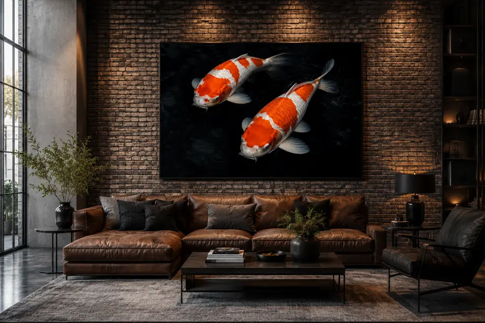 Luxury modern living room with a large framed koi artwork above a leather sofa on an exposed brick wall, featuring upscale industrial design and warm ambient lighting.