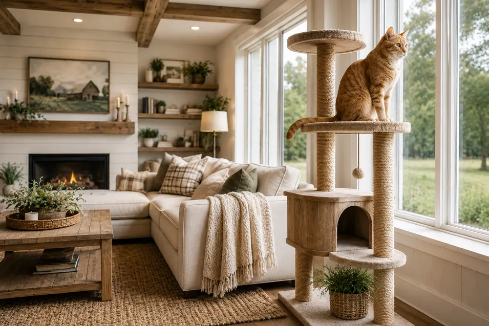 Modern farmhouse living room with a stylish cat tree beside large windows, where an orange tabby cat watches outdoors amid warm rustic decor.