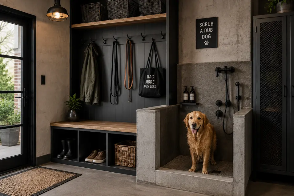 Golden retriever standing in a built-in dog wash station beside a mudroom bench with hooks, baskets, and leashes in a modern home.
