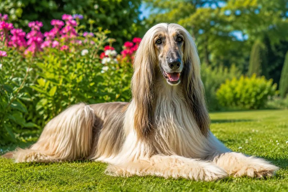 An elegant Afghan Hound relaxes on a lush green lawn, basking in bright summer sunshine with its long, silky coat glowing against a colorful garden backdrop.