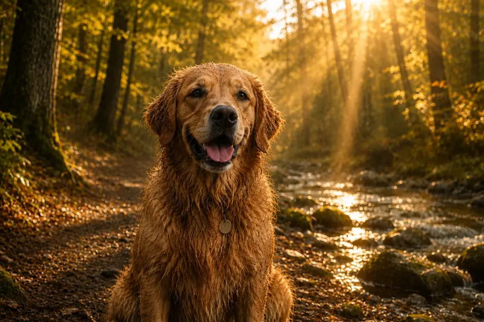 Happy Golden Retriever with wet fur sitting beside a forest stream, bathed in warm golden sunbeams filtering through lush woodland trees.