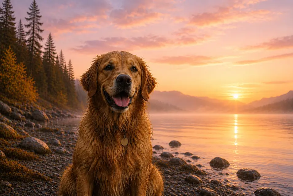 Happy Golden Retriever with wet fur sitting on a rocky lakeshore at sunrise, surrounded by calm water, mountains, and warm golden morning light.