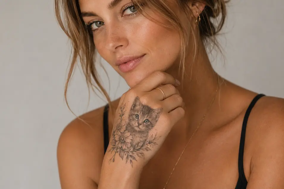 Realistic kitten portrait tattoo on the back of a hand, framed by delicate floral details in fine-line black and gray for a soft, elegant look.