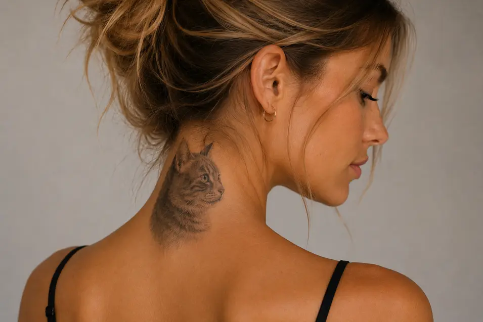 Realistic cat portrait tattoo on the back of the neck, beautifully detailed in black and gray, creating a subtle, elegant tribute to a beloved feline.