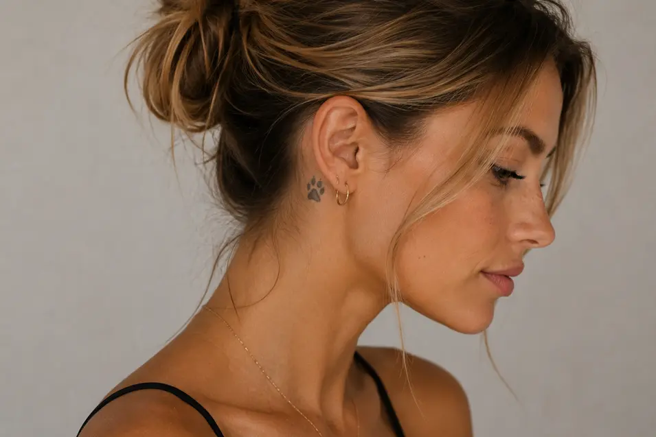 Small cat paw print tattoo behind the ear, offering a subtle, minimalist tribute to a beloved feline with clean, elegant black ink.