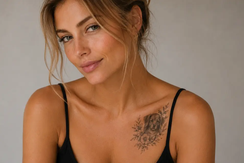 Delicate floral dog portrait tattoo beneath the collarbone, blending realistic detail with elegant botanical accents for a soft, meaningful design.