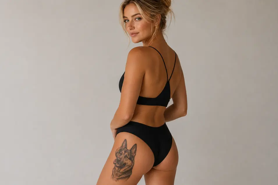Blonde woman in a studio portrait showcasing a realistic German Shepherd thigh tattoo, with soft lighting, a neutral backdrop, and elegant editorial styling.