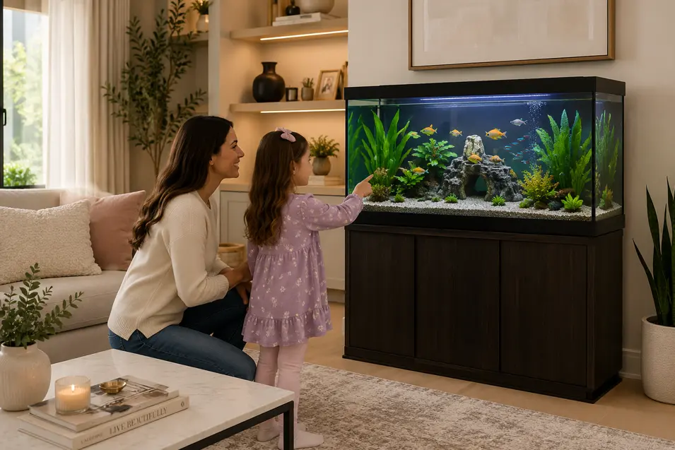 Mother and daughter admire a large aquarium on a stand in a bright modern living room with cozy furnishings, plants, and colorful tropical fish.