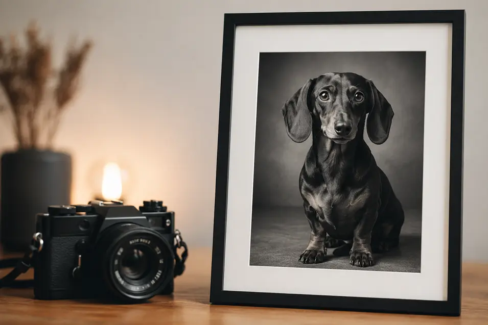 Professional camera on a wooden table beside a framed dachshund portrait, captured with shallow depth of field and warm studio lighting.
