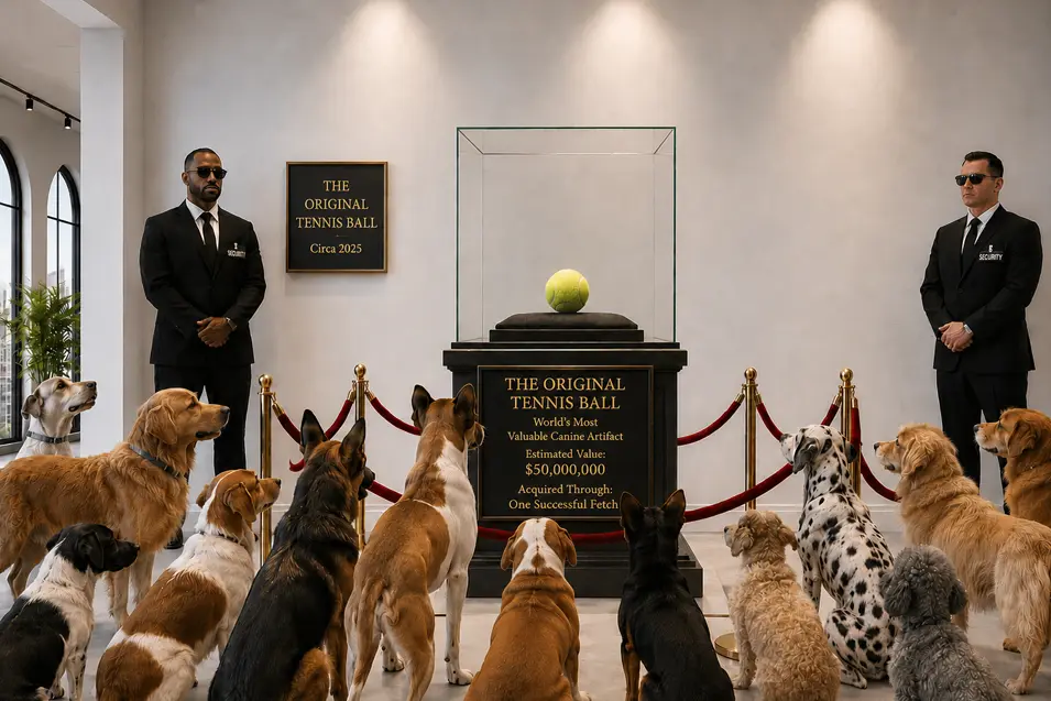 Museum exhibit of a tennis ball in a glass case, guarded by security as a crowd of dogs looks on in awe of the prized canine artifact.