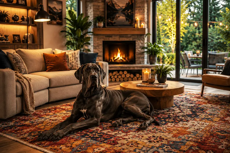 great dane on an area rug