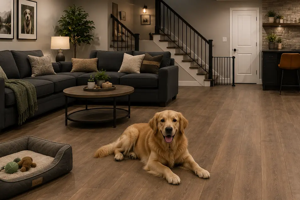 Modern finished basement with durable wood-look flooring, a cozy sectional sofa, built-in entertainment center, wet bar, and a golden retriever relaxing on the floor in a pet-friendly living space.