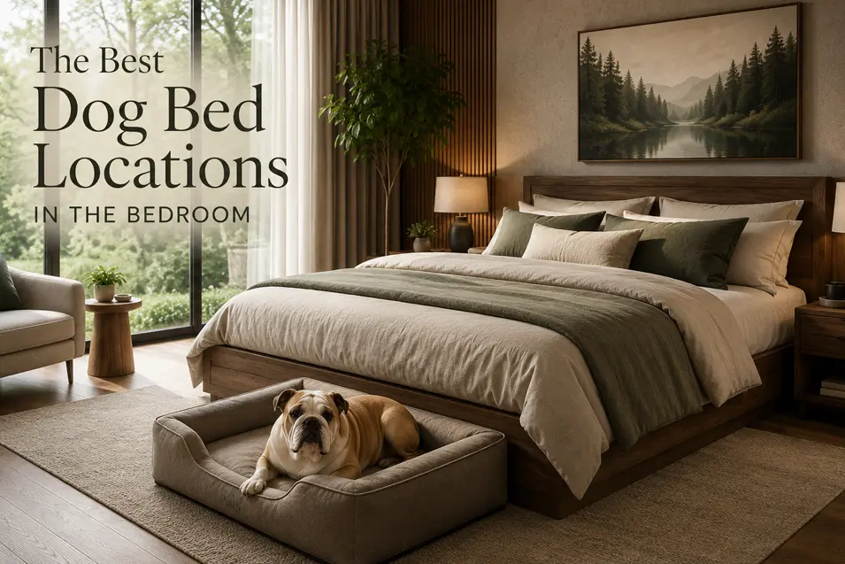 Modern bedroom with stylish neutral bedding and a bulldog sleeping in a dog bed next to the bed.