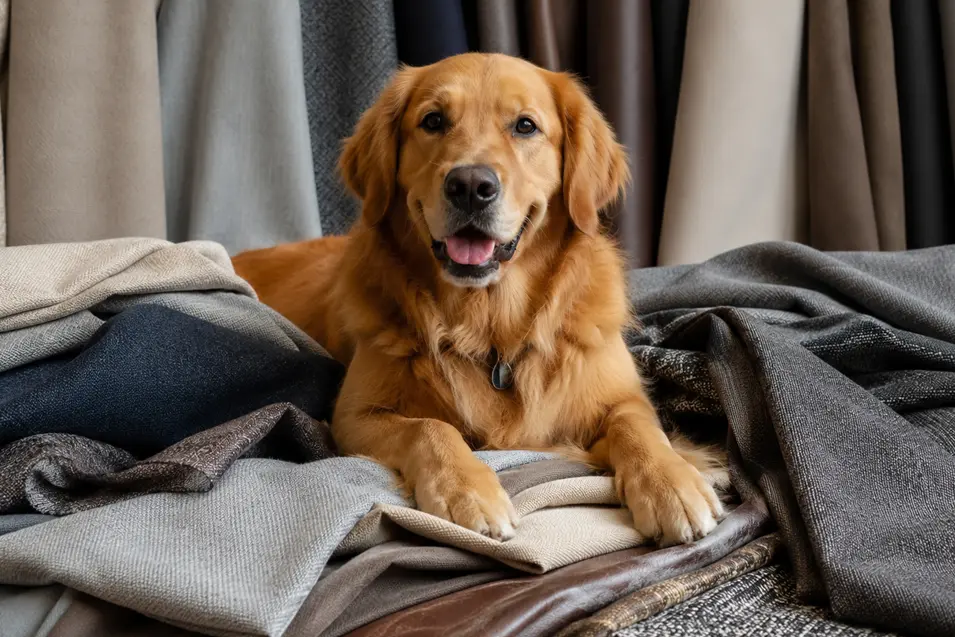 dog laying on fabrics