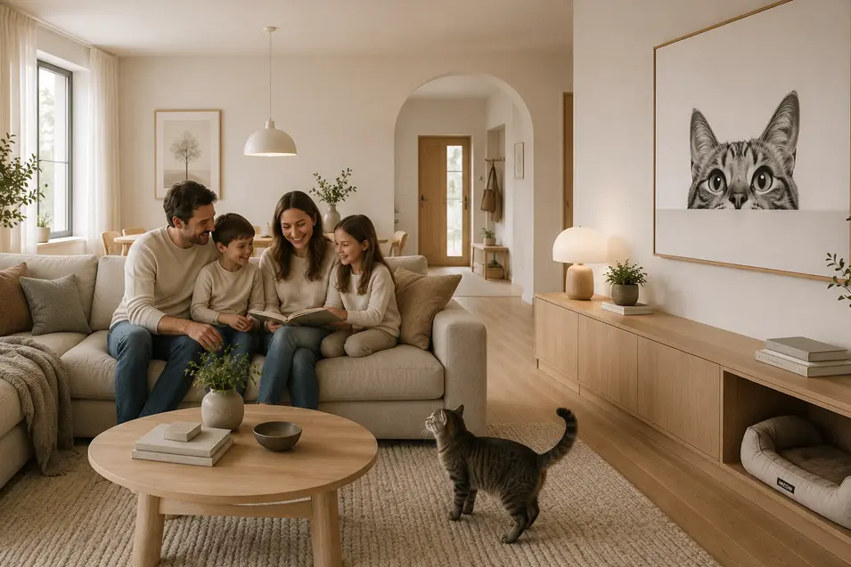 Scandinavian-style living room with a family on a sofa, tabby cat nearby, light wood furnishings, neutral tones, and large minimalist cat wall art.
