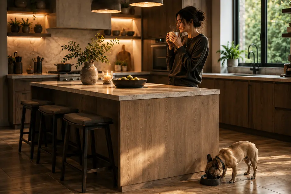dog eating food in the kitchen