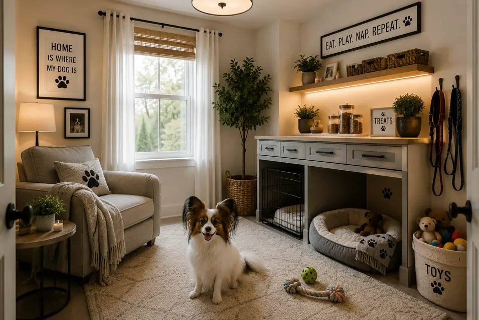 Spare bedroom converted into a dedicated pet room featuring a Papillon, cozy dog beds, built-in storage for treats and supplies, a crate area, toy organization, and comfortable seating. The bright, modern space combines soft neutral décor, warm lighting, and pet-friendly features to create a relaxing retreat for dogs.