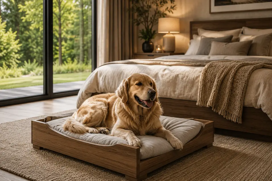 Dog laying on his bed in the bedroom