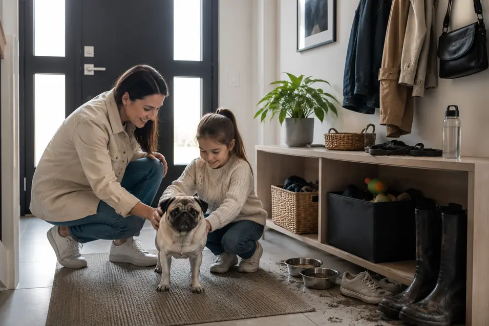Mom and daughter greeting a pug in a modern entryway with organized pet storage, boots, toys, and muddy paw prints, highlighting common pet-owner entryway challenges.