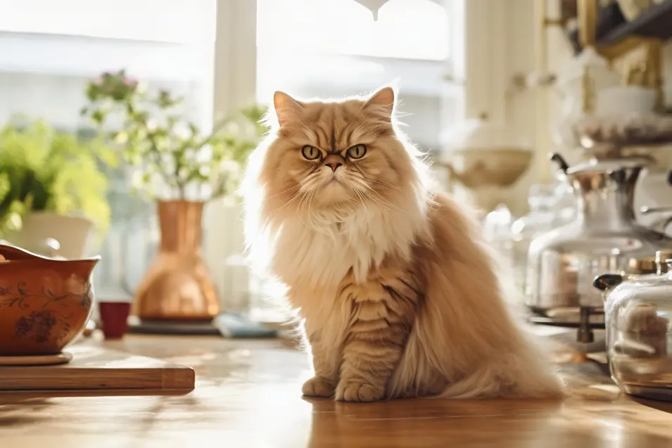 Fluffy cream-colored Persian cat sitting on a kitchen countertop, illuminated by natural sunlight, with a luxurious long coat and expressive golden eyes.