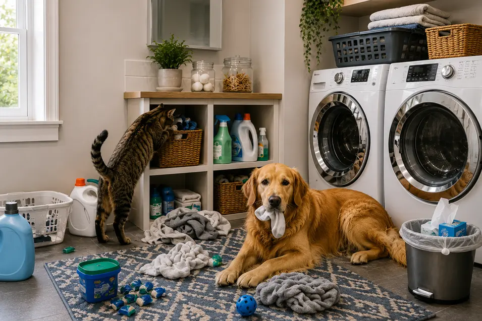 Cluttered laundry room showing common pet safety hazards, with a curious tabby cat investigating an open storage cubby while a Golden Retriever lies on a rug holding a sock. Laundry detergent, cleaning products, laundry pods, and loose clothing are left within reach, illustrating potential dangers for pets in an otherwise bright and modern laundry space.