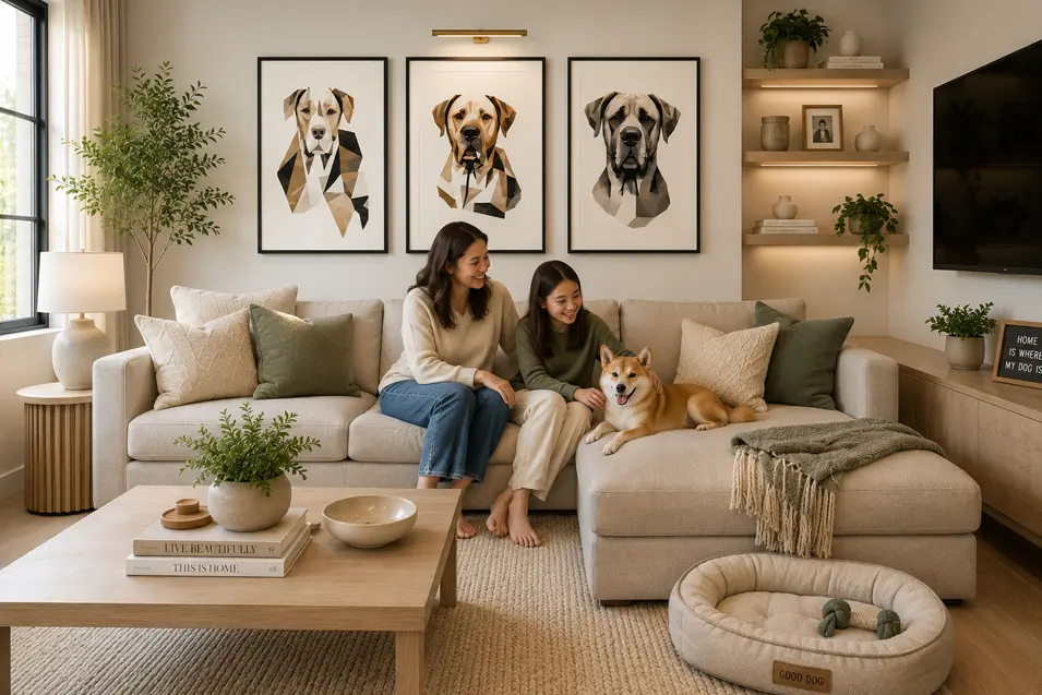 Bright modern living room featuring a mother and daughter relaxing on a cream sectional sofa with their Shiba Inu. The pet-friendly space includes soft neutral decor, natural wood accents, indoor plants, geometric dog artwork, built-in shelving, and a cozy dog bed.