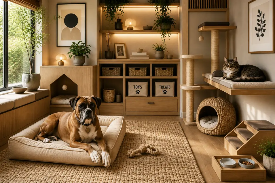 Luxury Japandi-style pet room designed for both dogs and cats, featuring a Boxer resting on a plush dog bed, a long-haired cat lounging on a custom cat perch, built-in pet storage, climbing structures, cozy sleeping nooks, warm wood finishes, and soft natural light throughout the space.