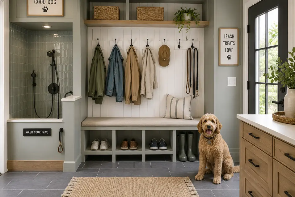 Goldendoodle sitting in a pet-friendly mudroom with built-in bench seating, coat hooks, dog leash storage, shoe cubbies, and an indoor dog wash station