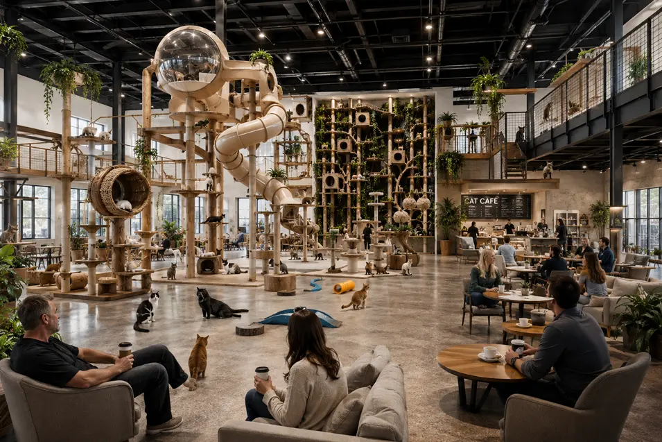 A luxury indoor cat adventure park with towering play structures, slides, climbing walls, a cat café, and owners relaxing with coffee while cats explore.