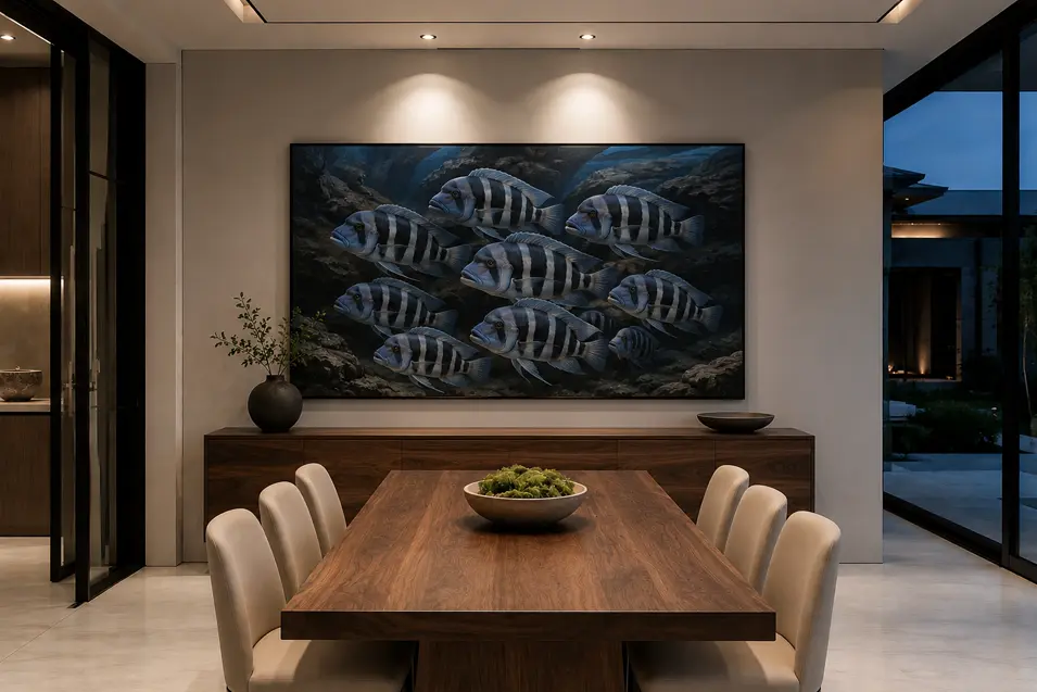 Modern luxury dining room with a handcrafted walnut table, matching sideboard, and dramatic Frontosa cichlid artwork creating a striking contemporary focal point.