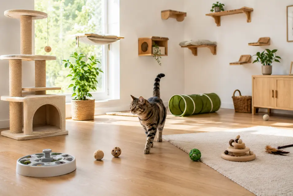 Bright cat-friendly living room with a cat tree, wall shelves, window perch, tunnel, puzzle feeder, toys, and an active tabby exploring the space.
