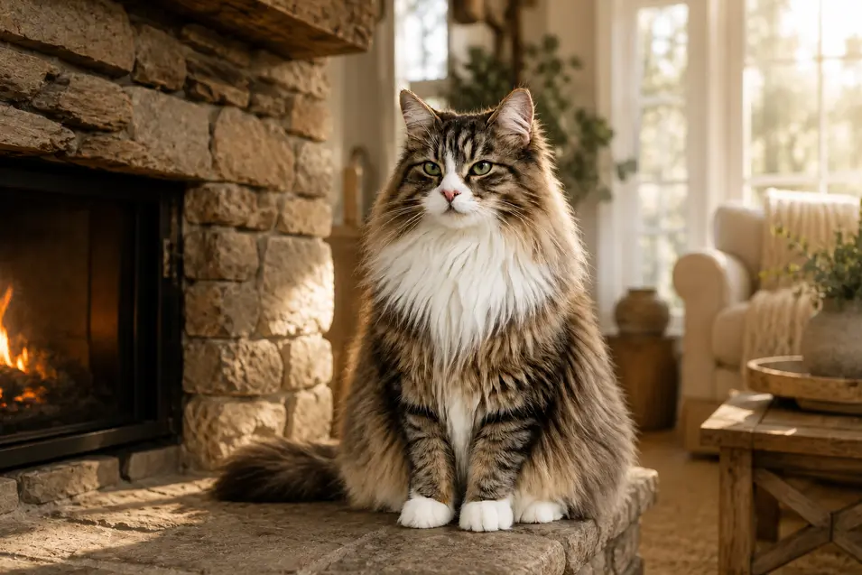 Photorealistic Norwegian Forest Cat by a stone fireplace, with lifelike fur, vivid eyes, and warm afternoon light in a cozy modern farmhouse.
