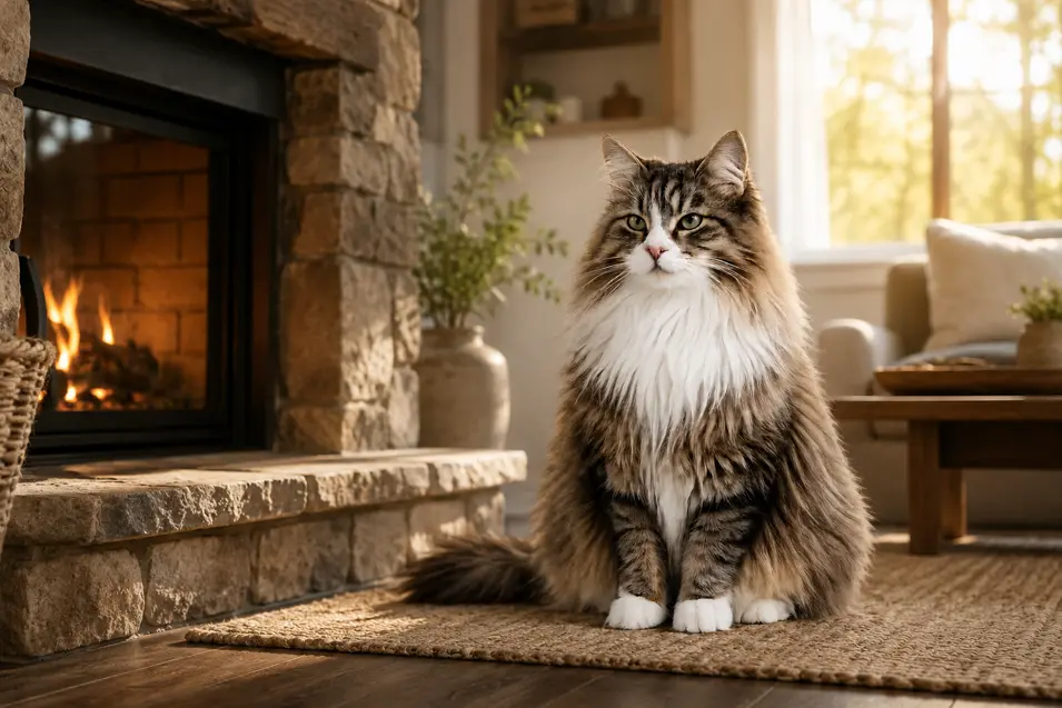 Majestic Norwegian Forest Cat beside a stone fireplace, photographed at eye level with an 85mm portrait lens, featuring creamy bokeh and beautifully detailed fur.