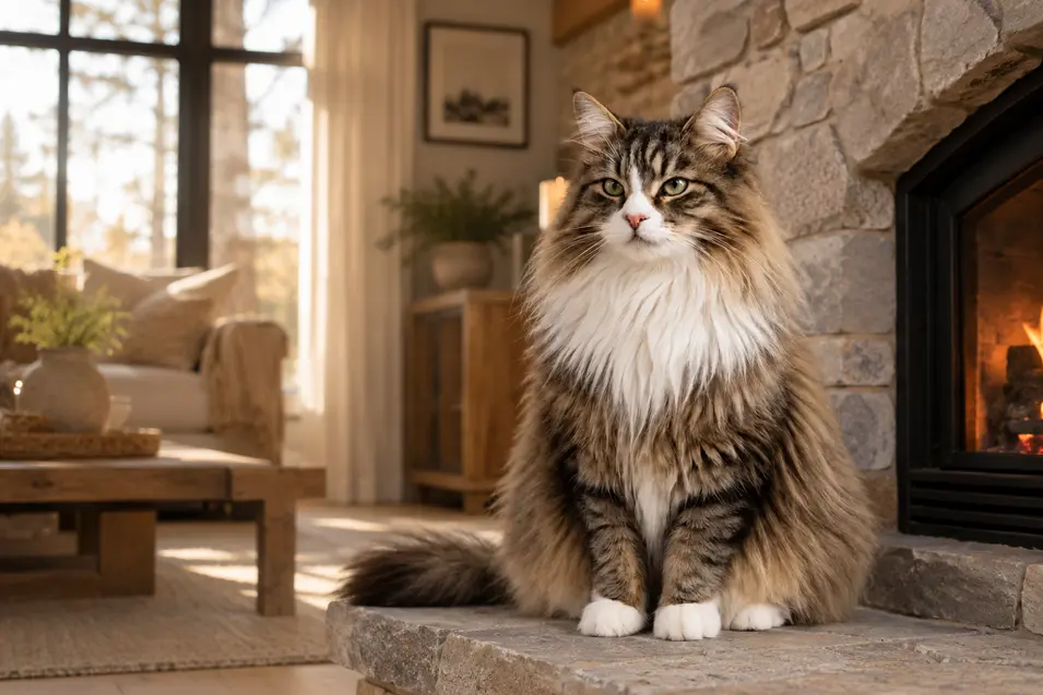 Majestic Norwegian Forest Cat beside a stone fireplace in a cozy modern farmhouse, bathed in warm afternoon sunlight from large windows.