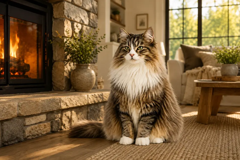 Norwegian Forest Cat beside a stone fireplace in a cozy modern farmhouse, bathed in warm afternoon sunlight from large windows.