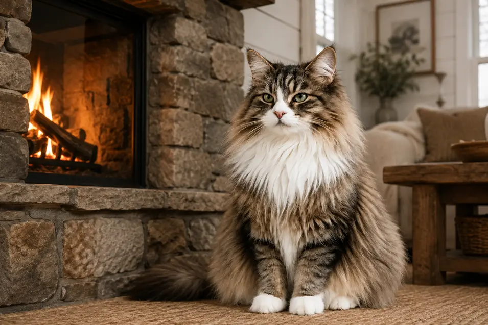 Majestic Norwegian Forest Cat relaxing beside a rustic stone fireplace in a cozy modern farmhouse, surrounded by warm natural textures and soft light.