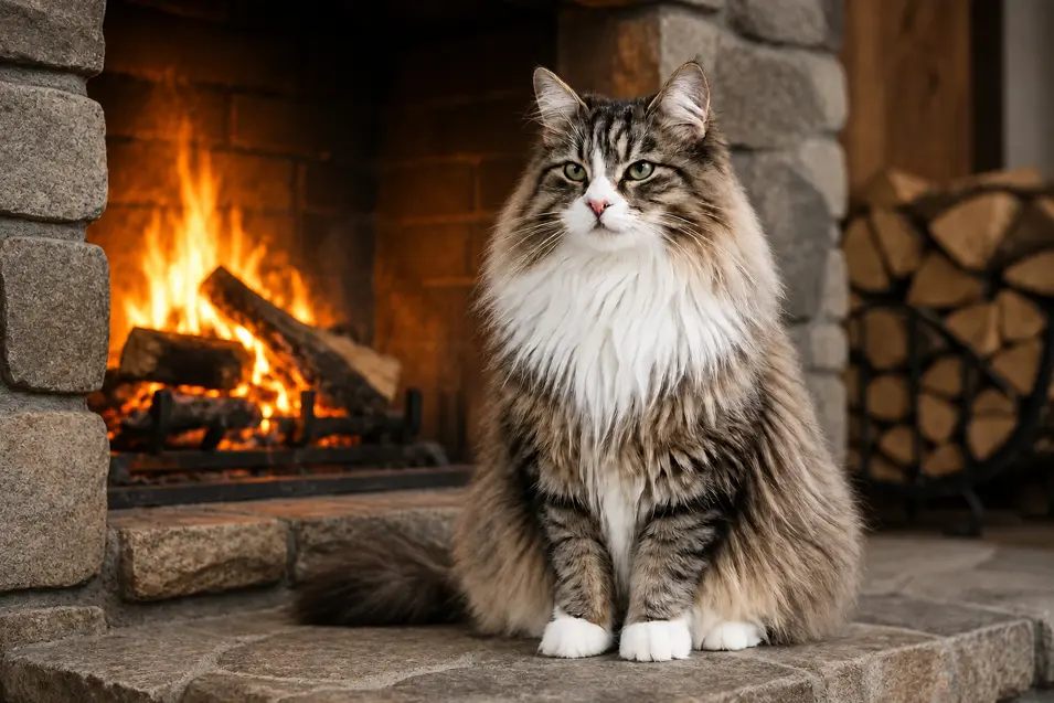 Norwegian Forest Cat sitting beside a glowing stone fireplace, bathed in warm firelight in a cozy rustic cabin setting.