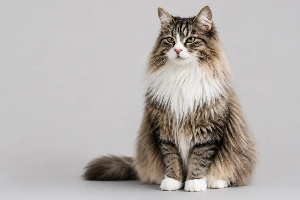 Majestic Norwegian Forest Cat sitting gracefully with a luxurious coat, alert green eyes, and a clean light gray studio background.