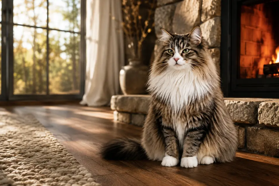 Majestic Norwegian Forest Cat beside a stone fireplace in a cozy modern farmhouse, bathed in warm afternoon light with an 85mm portrait look.