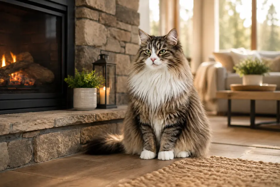 Fluffy Norwegian Forest Cat beside a stone fireplace in a cozy farmhouse, bathed in warm afternoon sunlight with a soft 85mm portrait blur.