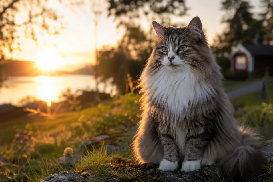 Photorealistic Norwegian Forest Cat relaxing outdoors on a warm summer evening, surrounded by golden light, lush greenery, and a peaceful countryside backdrop.