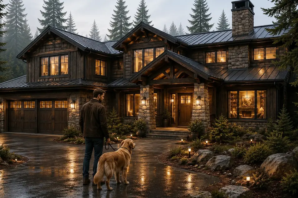 Luxury mountain lodge at dusk, warmly lit in a pine forest, with a man and golden retriever near the porch, ready to head back from a walk.