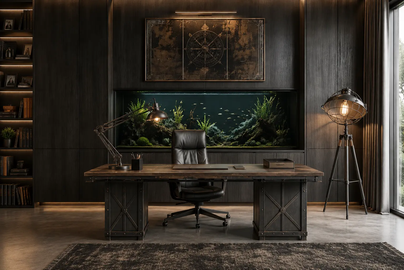 Moody industrial home office with a steel-and-wood desk, built-in aquarium, vintage wall art, dark wood panels, and warm ambient lighting.