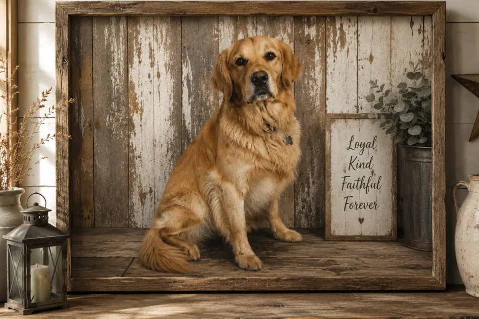 A rustic farmhouse-style portrait of a golden retriever on distressed wood, surrounded by warm neutral décor, weathered textures, and soft natural light.