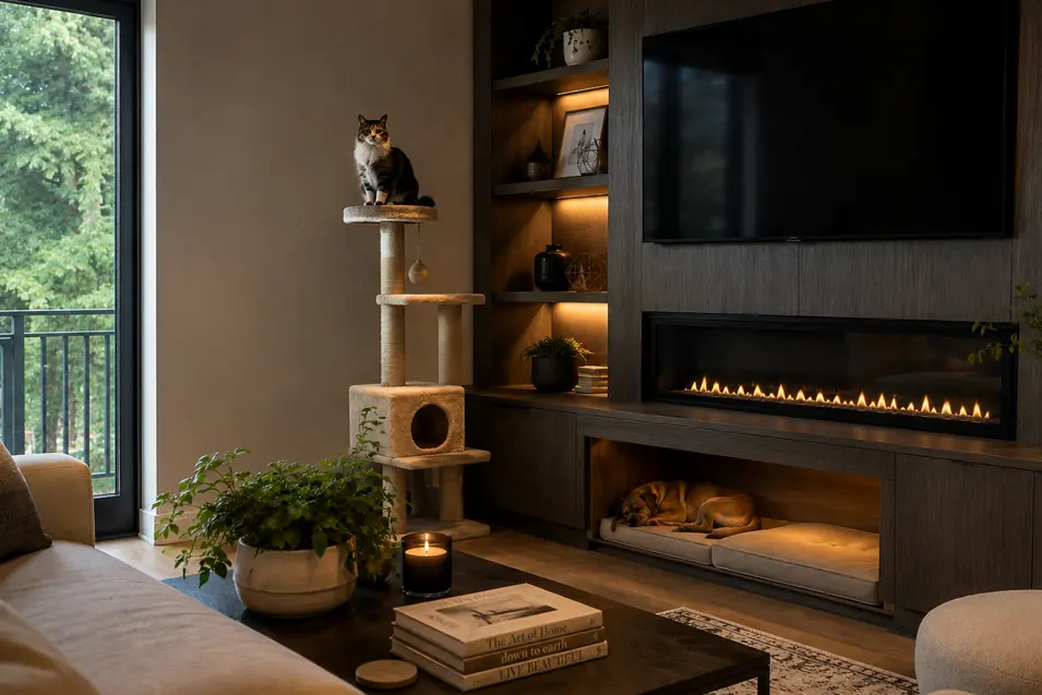 Upscale modern living room with fireplace wall, cat on a cat tree, built-in dog nook, warm lighting, large window, and elegant wood finishes.
