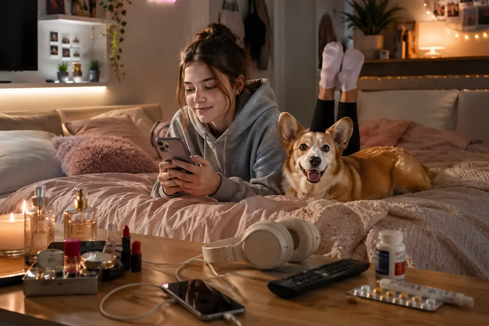Young woman using a smartphone while relaxing on a bed with a happy Corgi in a cozy bedroom.
