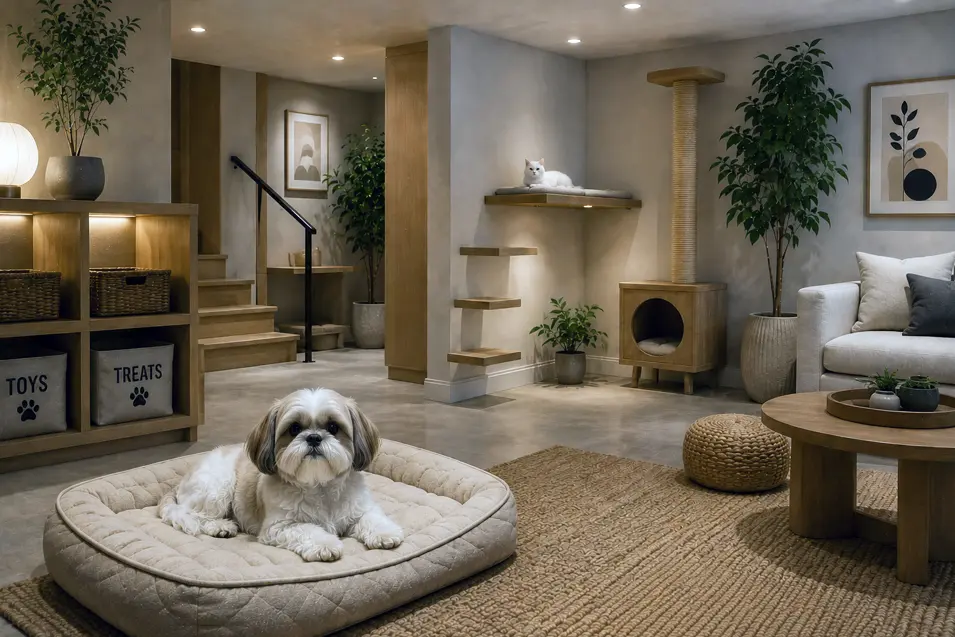 Luxury Japandi-inspired basement retreat designed for both dogs and cats, featuring a Shih Tzu resting on a plush dog bed and a white cat relaxing on a custom wall-mounted perch. The sophisticated space includes warm wood finishes, built-in pet storage, cat climbing shelves, cozy sleeping areas, soft ambient lighting, natural textures, and elegant modern furnishings that create a safe and stylish pet-friendly environment.