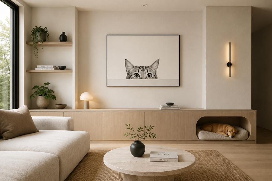 Minimalist living room with built-in dog bed, soft neutral tones, light wood cabinetry, cozy modern furnishings, and oversized black-and-white cat wall art.